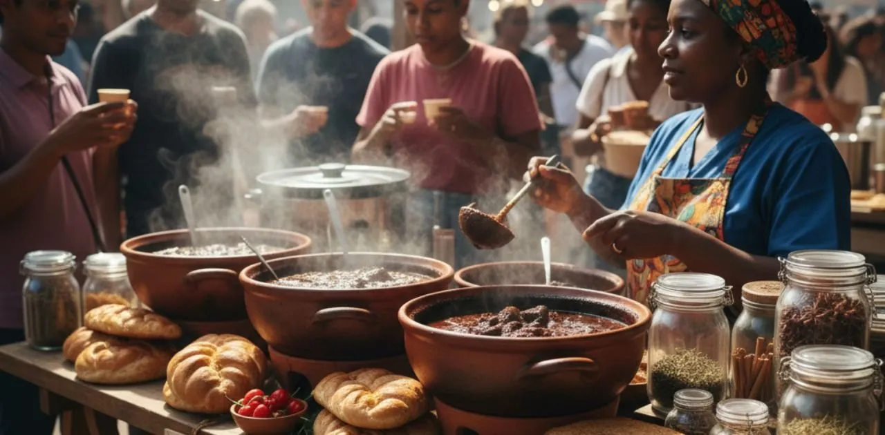 A vendor ladling Pepperpot from clay pots at a busy food market