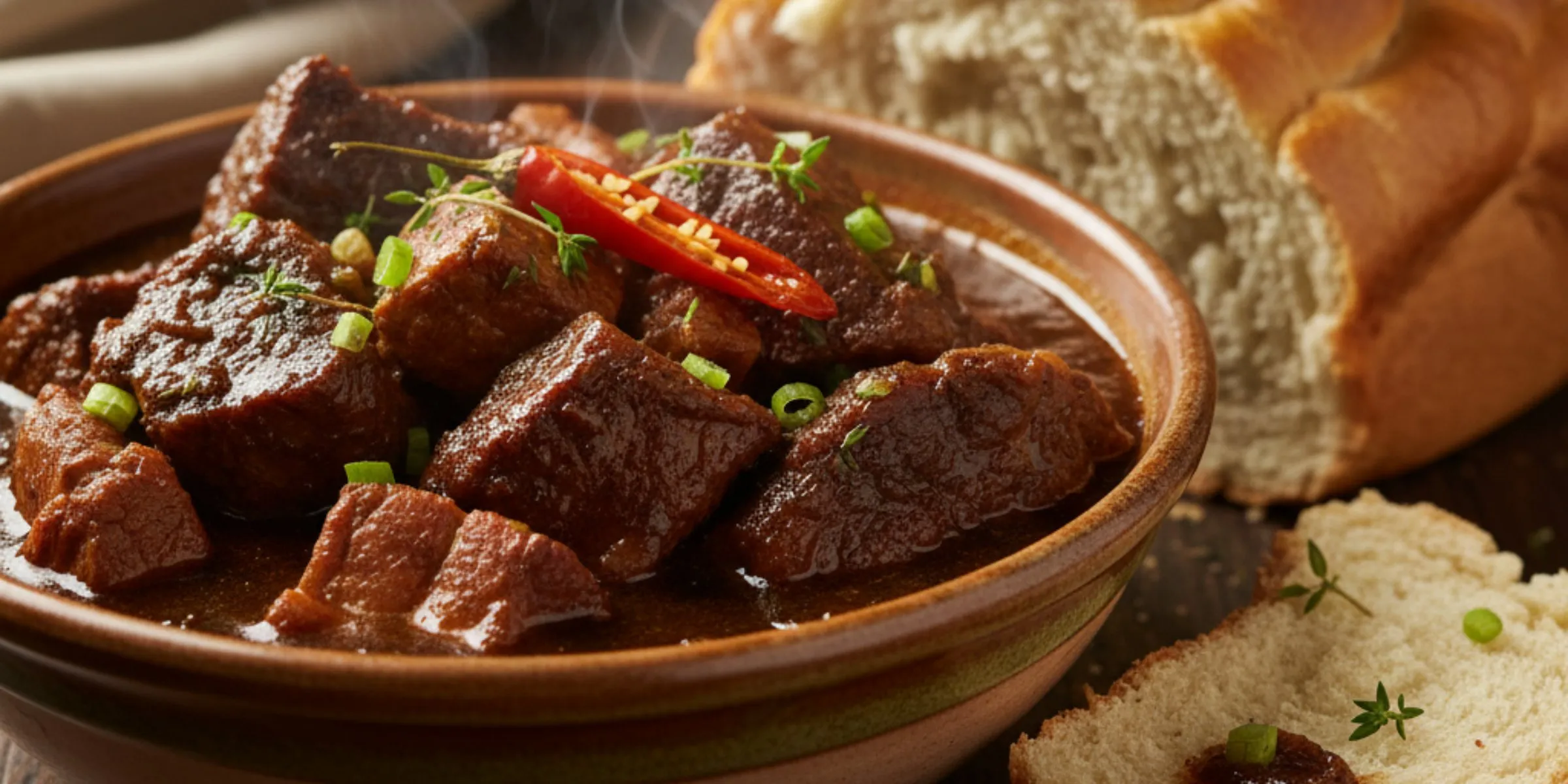 A bowl of Guyanese Pepperpot served with plait bread